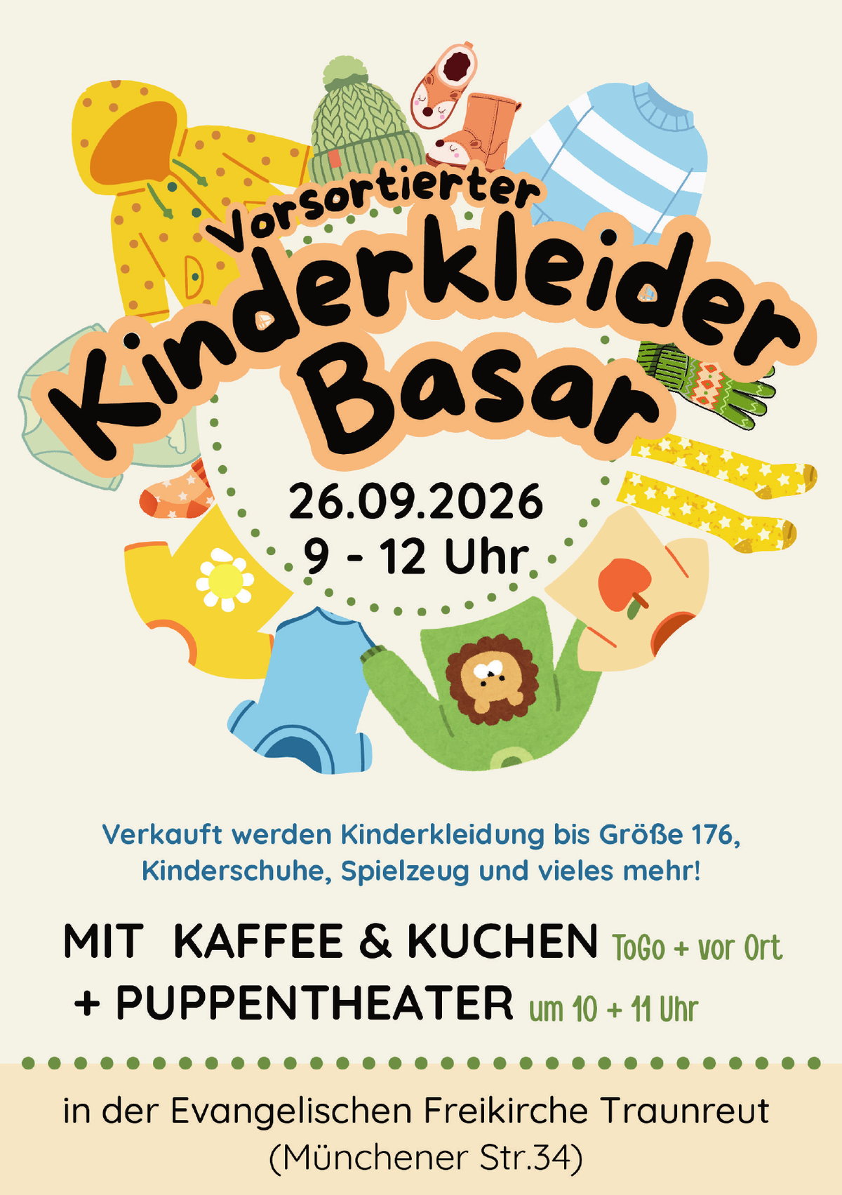 Vorsortierter Kinderkleider-Basar am 26. September 2026, 9–12 Uhr, in der Evangelischen Freikirche Traunreut, Münchener Straße 34. Mit Kaffee und Kuchen sowie Puppentheater um 10 und 11 Uhr.
